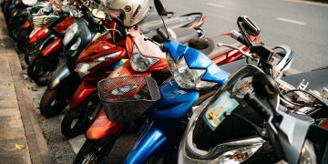 sidewalk, motorcycles, parked motorcycles, vehicles, street, road, thailand, asia, motorbikes